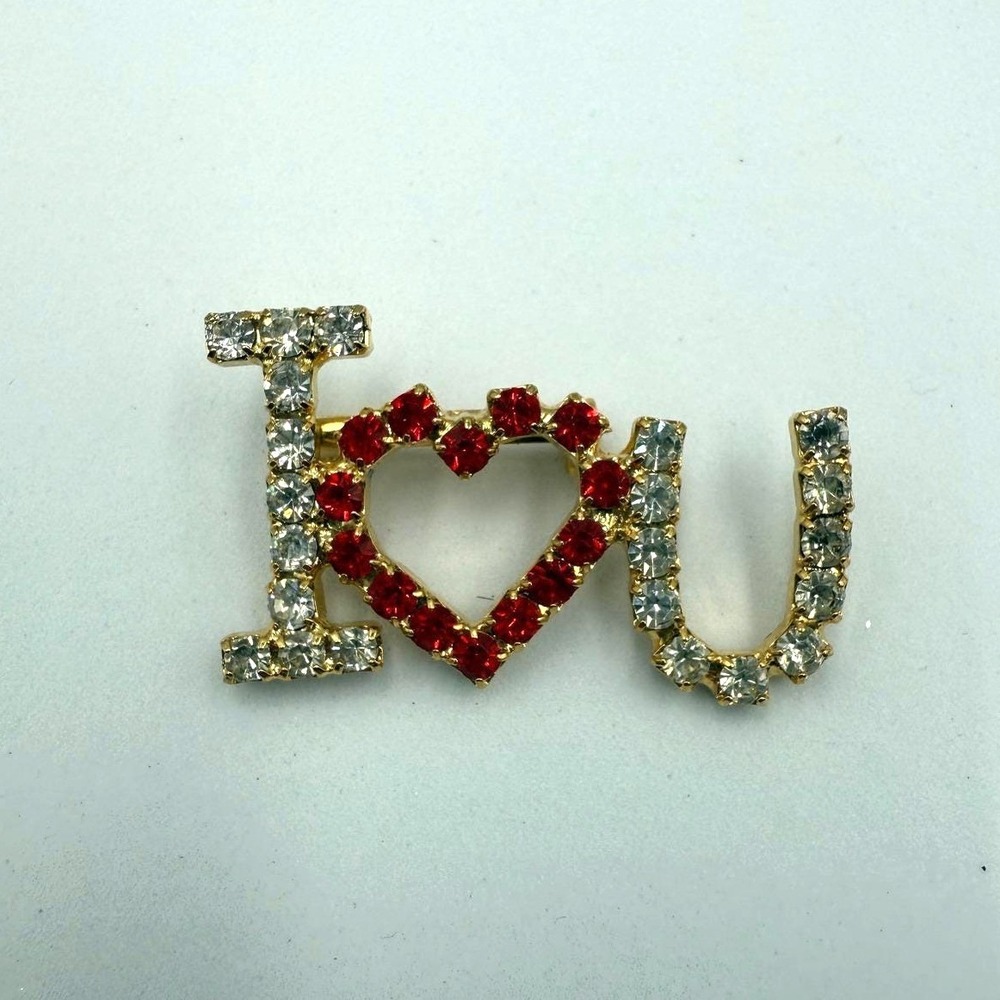 I Heart U Rhinestone Brooch Pin Gold Tone Red Clear I Love You Valentine Jewelry